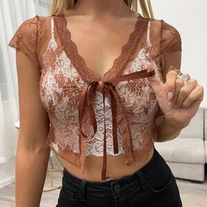 Lace Mesh Brown embroidered tie top